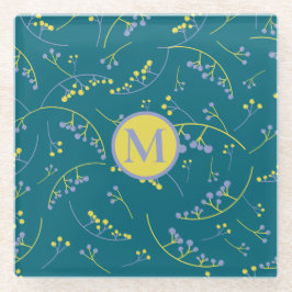 モノグラムモダン薄紫イエローベリーパターン ガラスコースター