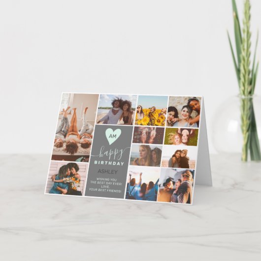 モノグラムモダン誕生日ティール(緑がかった色)12フォトコラージュ カード (正面)