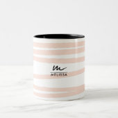 モノグラムモダン赤面ピンクラインズ抽象芸術アート ツートーンマグカップ (中央)