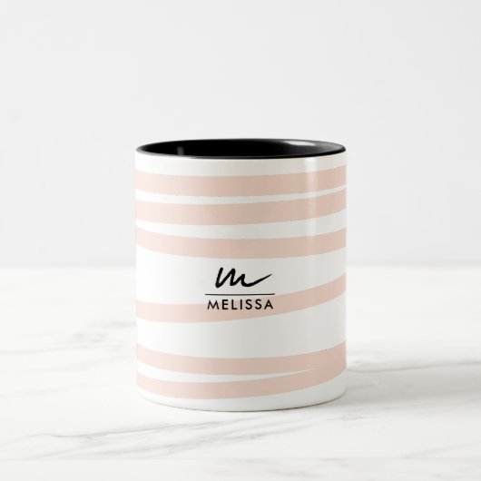 モノグラムモダン赤面ピンクラインズ抽象芸術アート ツートーンマグカップ (中央)