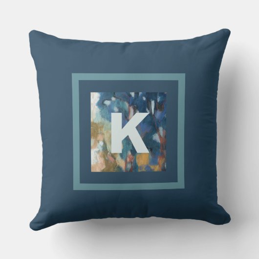 モノグラムモダン農家の青いティール（緑がかった色）水色 クッション (裏面)