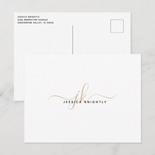 モノグラムモダン金ゴールドスクリプトイニシャルミニマル ポストカード (正面/裏面)
