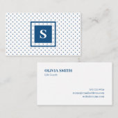 モノグラムモダン青オンホワイト水玉模様パターン 名刺 (正面/裏面)