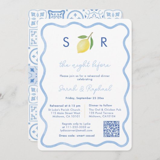 モノグラムモダン・レモ結婚ンのリハーサルディナー 招待状 (正面/裏面)