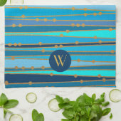 モノグラムモノクロブルーウェーブストライプ金ゴールドフェイクドット キッチンタオル (折り畳み)