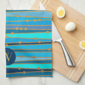 モノグラムモノクロブルーウェーブストライプ金ゴールドフェイクドット キッチンタオル (四つ折り)