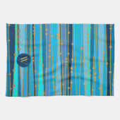 モノグラムモノクロブルーウェーブストライプ金ゴールドフェイクドット キッチンタオル (横)