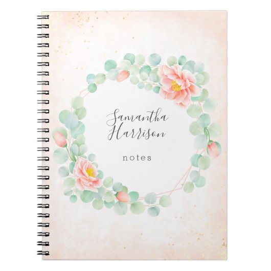 モノグラムユーカリ葉スピーニーフローラピーチセージ ノートブック (正面)