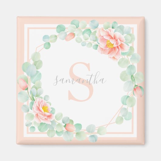 モノグラムユーカリ葉スピーニーフローラピーチセージ マグネット (正面)