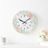 モノグラムユーカリ葉スピーニーフローラピーチセージ ラージ壁時計 (ホーム)