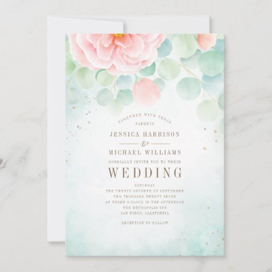 モノグラムユーカリ葉スピーニーフローラピーチセージ 招待状 (正面)