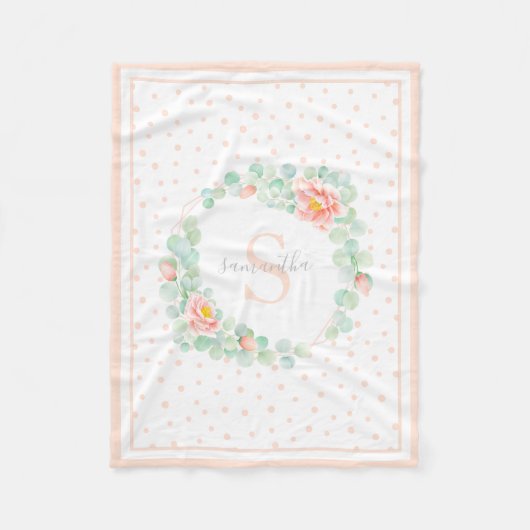 モノグラムユーカリ葉スピーニーフローラピーチ翡翠 フリースブランケット (正面)