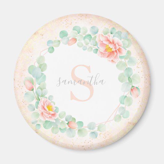 モノグラムユーカリ葉スピーニーフローラ桃 マグネット (正面)