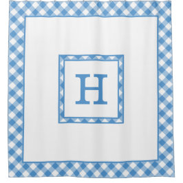 モノグラムライトブルーホワイトバッファローチェック縁ど シャワーカーテン