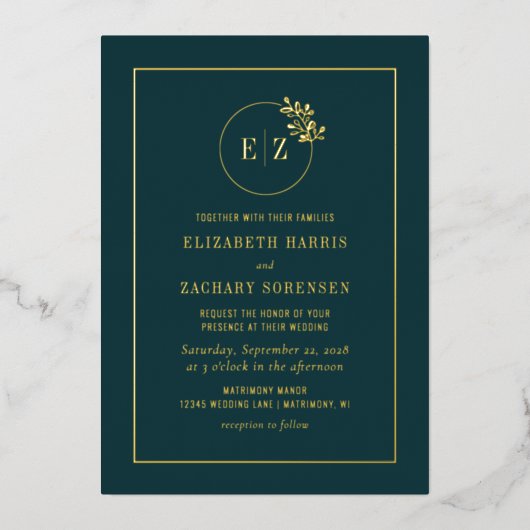 モノグラムリースエメラルドグリーン結婚金ゴールド 箔招待状 (正面)