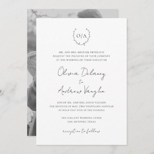 モノグラムリースクレストフォトエレガントな結婚式 招待状 (正面/裏面)