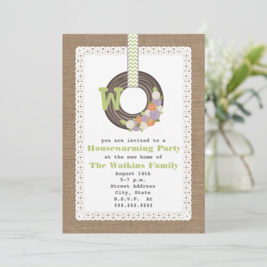 モノグラムリースバーラ刺激を受けたップ引っ越し祝いパーティーパーティー 招待状 (スタンド正面)