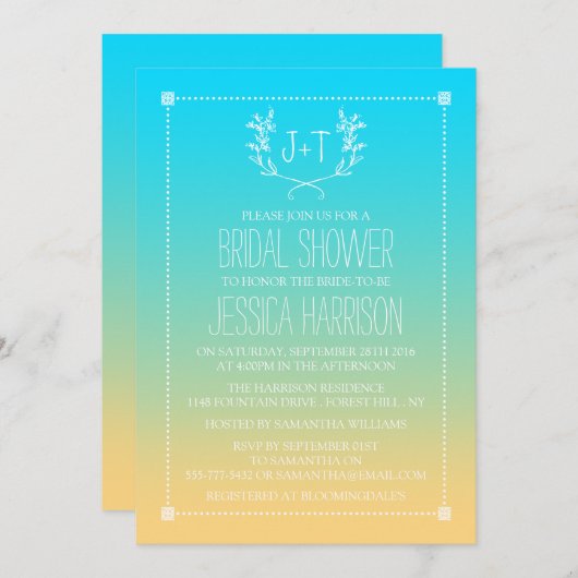 モノグラムリースビーチグラデーションブライダルシャワー 招待状 (正面/裏面)