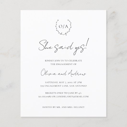 モノグラムリース予算婚約パーティ招待状 (正面)