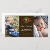 モノグラムリース赤い緑のメリークリスマスグリーティング シーズンカード (正面/裏面)