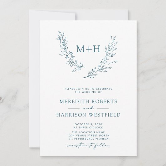 モノグラムリースQRコードティール（緑がかった色）ブルー結婚ズ 招待状 (正面)