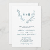 モノグラムリースQRコードティール（緑がかった色）ブルー結婚ズ 招待状 (正面/裏面)