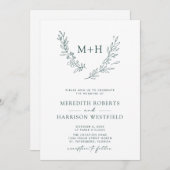 モノグラムリースQRコードフォレストグリーン結婚ズ 招待状 (正面/裏面)