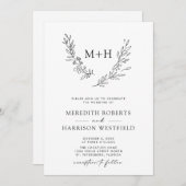 モノグラムリースQRコード白黒結婚ズ 招待状 (正面/裏面)