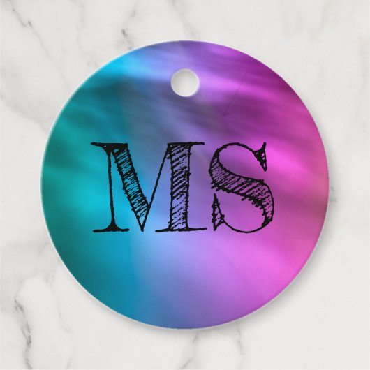 モノグラムレインボーキッズパーティーラベル-ティール（緑がかった色）&パープル フェイバータグ (正面)