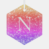 モノグラムレインボーグリッタークリスマス ガラスオーナメント (正面)