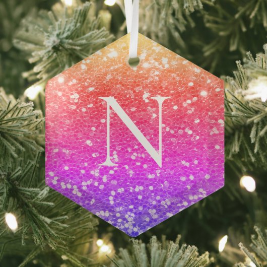 モノグラムレインボーグリッタークリスマス ガラスオーナメント (インサイチュ)