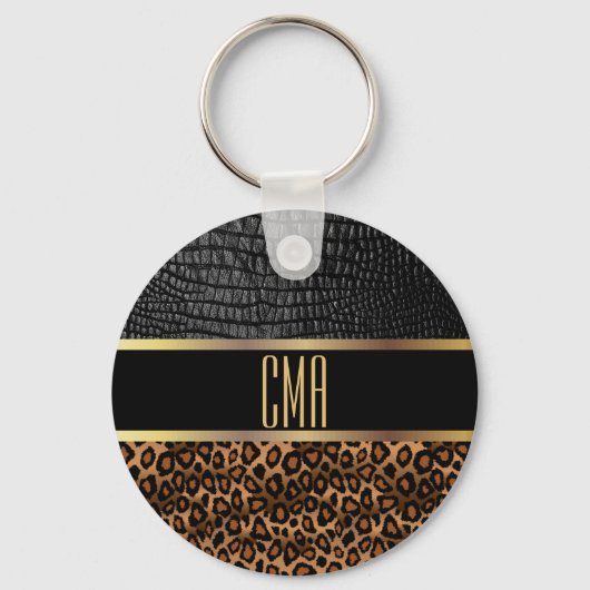 モノグラムレザーとヒョウ柄 キーホルダー (正面)