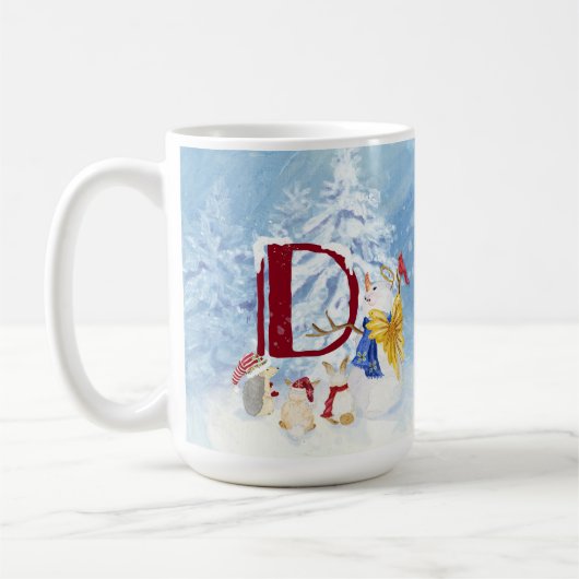 モノグラムレターキュートエンジェル雪だるまクリスマス コーヒーマグカップ (左)