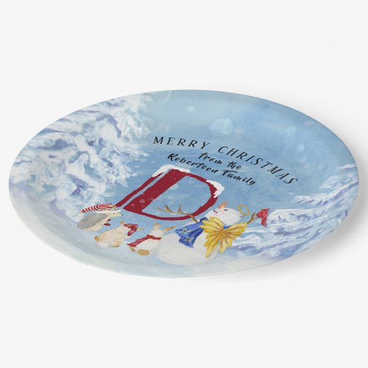 モノグラムレターキュートエンジェル雪だるまクリスマス ペーパープレート (アングル)