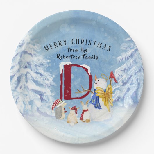 モノグラムレターキュートエンジェル雪だるまクリスマス ペーパープレート (正面)