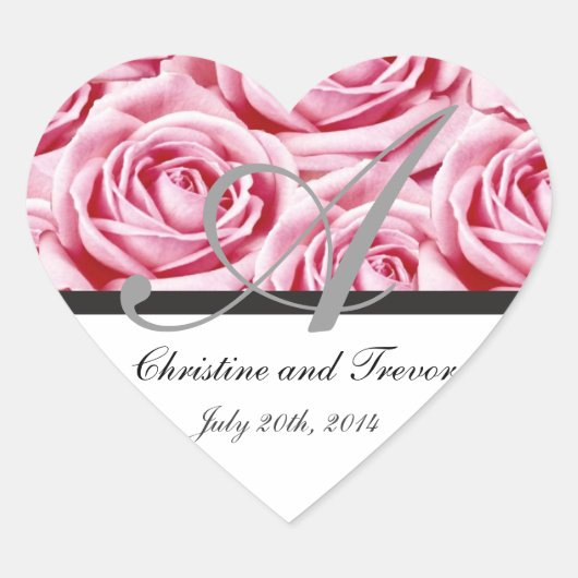 モノグラムレターピンクのバラのステッカー ハートシール (正面)