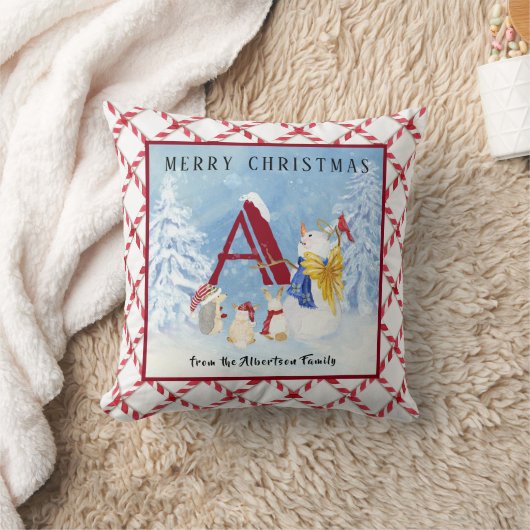 モノグラムレターメリークリスマスエンジェル雪だるま クッション (ブランケット)