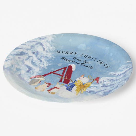 モノグラムレターメリークリスマスエンジェル雪だるま ペーパープレート (アングル)