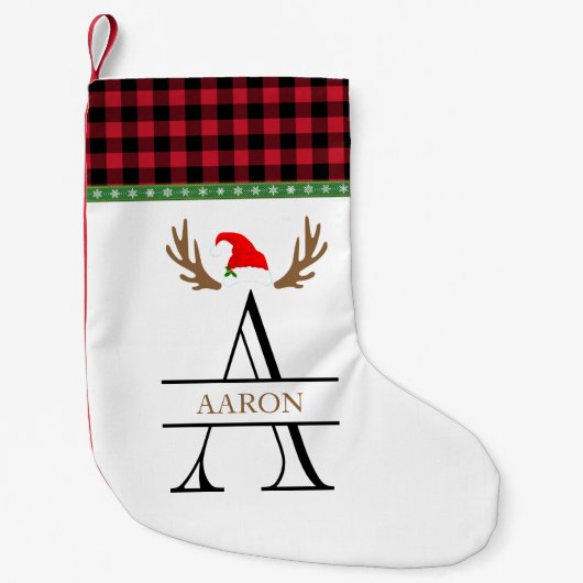 モノグラムレターレッドブラックタータンチェッククリスマス スモールクリスマスストッキング (正面)