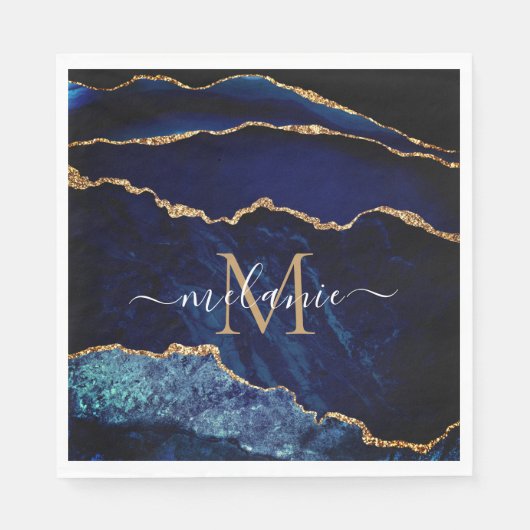 モノグラムレター名Agate Navy Blue金ゴールドナプキンス スタンダードランチョンナプキン (正面)