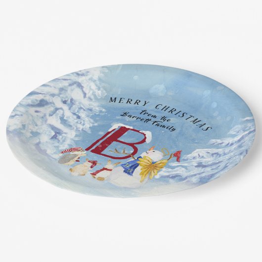 モノグラムレターBエンジェル雪だるまメリークリスマス ペーパープレート (アングル)
