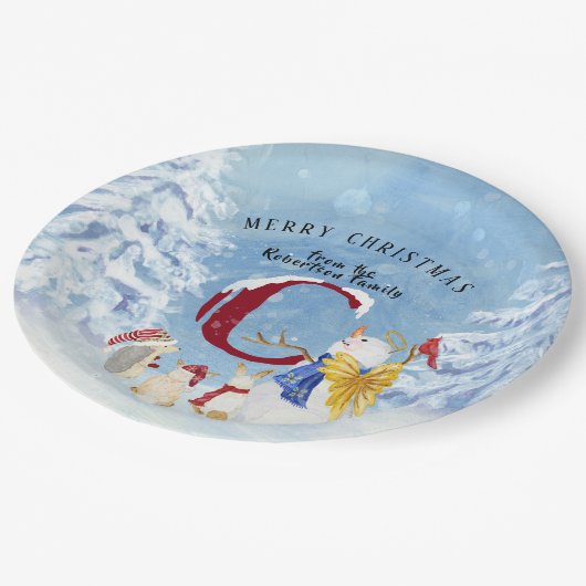 モノグラムレターCスノークリスマスエンジェル雪だるま ペーパープレート (アングル)