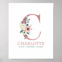 モノグラムレターCピンクウォーターカラーフローラ子供部屋 ポスター