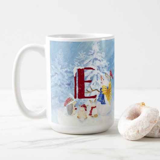 モノグラムレターEクリスマス雪だるまエンジェルウッドランド コーヒーマグカップ (ドーナツ)