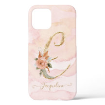 モノグラムレターEスクリプト金ゴールド水彩フローラ