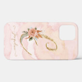 モノグラムレターEスクリプト金ゴールド水彩フローラ Case-Mate iPhoneケース (裏面 (横))