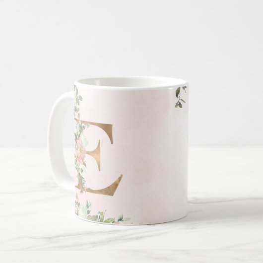 モノグラムレターE水色フローラコーヒーマグ コーヒーマグカップ (正面左)