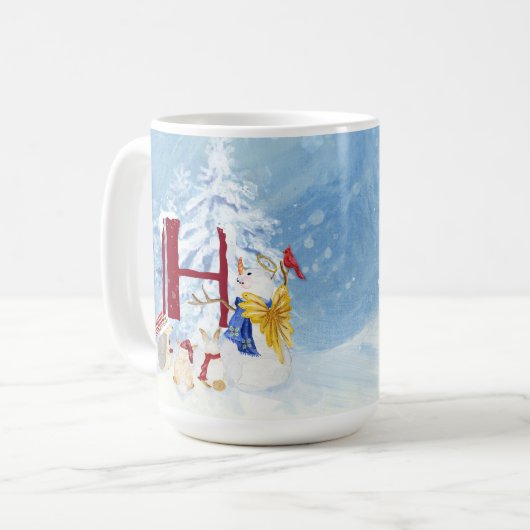 モノグラムレターH冬の木クリスマス雪だるま コーヒーマグカップ (正面左)