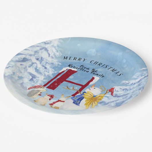 モノグラムレターH冬の木クリスマス雪だるま ペーパープレート (アングル)