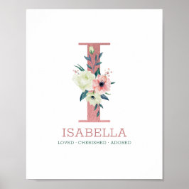 モノグラムレターIピンクウォーター色フローラ子供部屋 ポスター